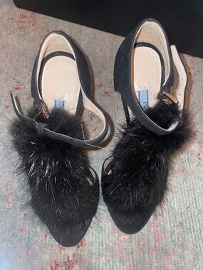 Prada Black Fur-Trim Pointed-Toe Heels